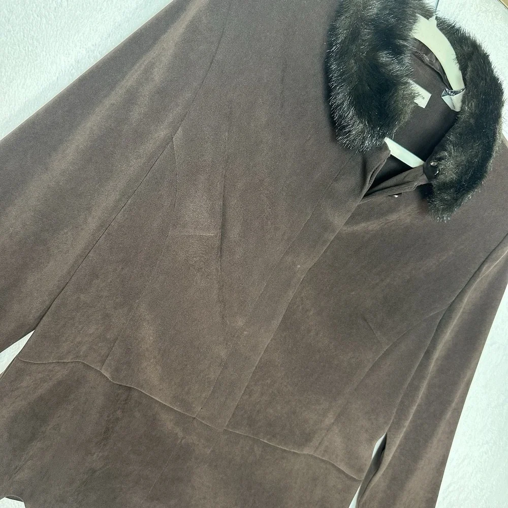 Amanda Smith Faux Suede Jacket 12P Brown Faux Fur Collar Mob‎ Wife Vintage 70s